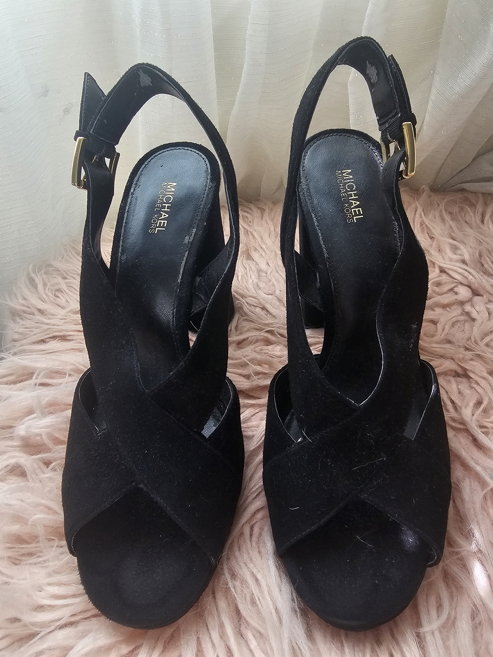 Michael Kors Black Suede Crisscross Slingback Wedges